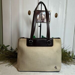 Vintage Lauren Ralph Lauren Tan and Brown Linen Tote